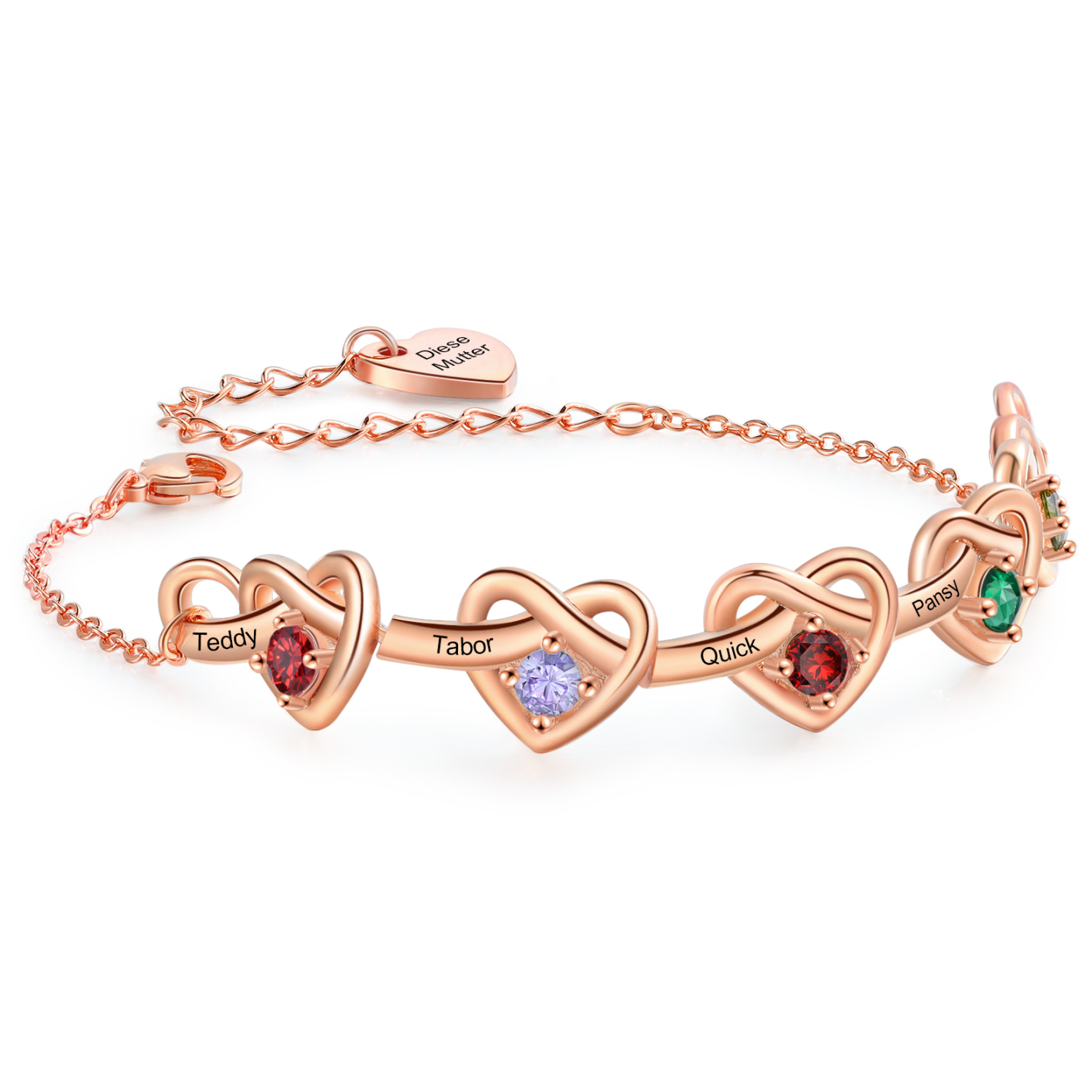 Personalized Women’s Birthstone Bracelet – Customised with 2-6 Names, Birthstones & 1 Engraved Text, Heart & Infinity Design – Valentine’s Day Gift for Her | Jessemade