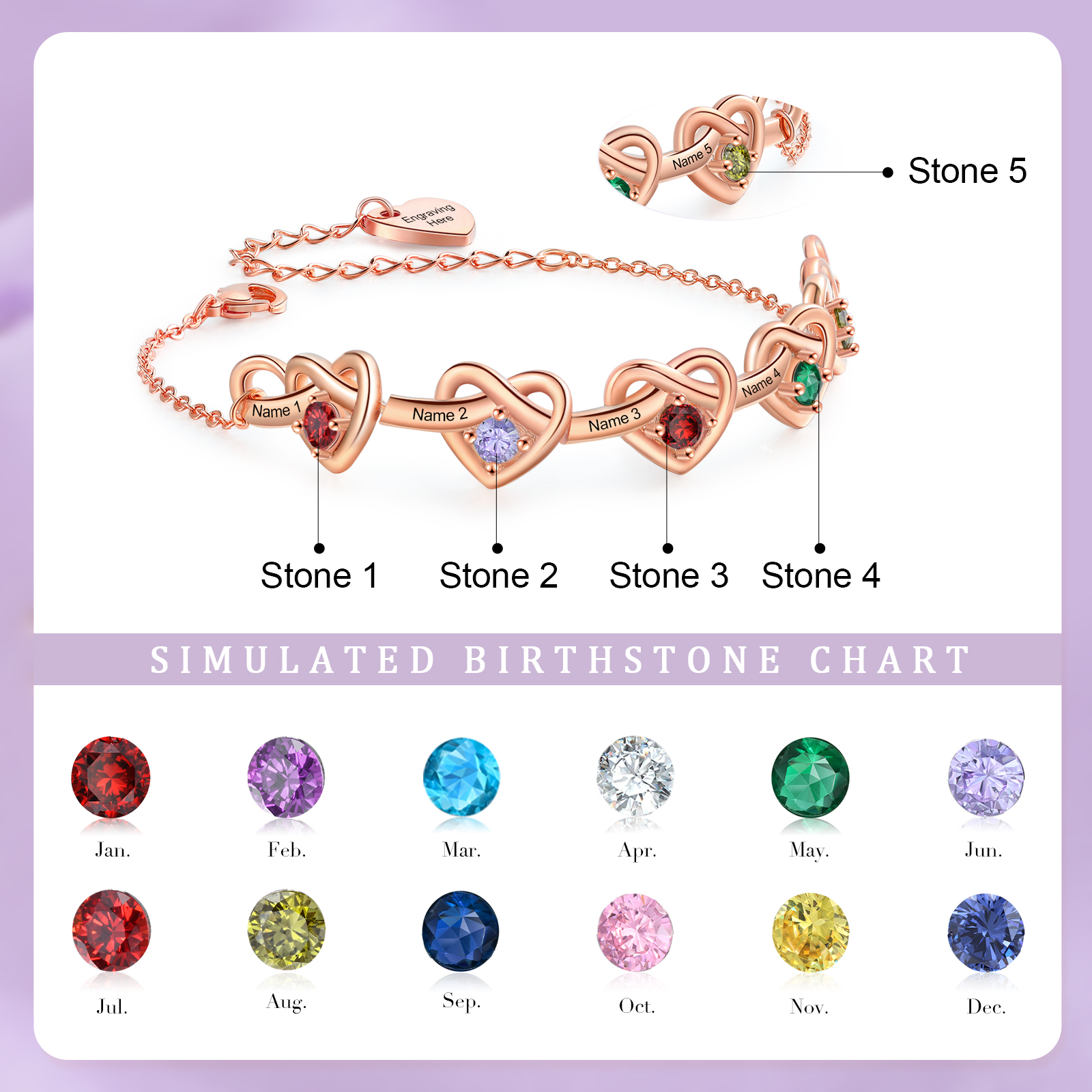 Personalised Women’s Birthstone Bracelet – Customised with 5 Names, 5 Birthstones & Engraved Text, Heart & Infinity Design – Special Gift for Her | Jessemade