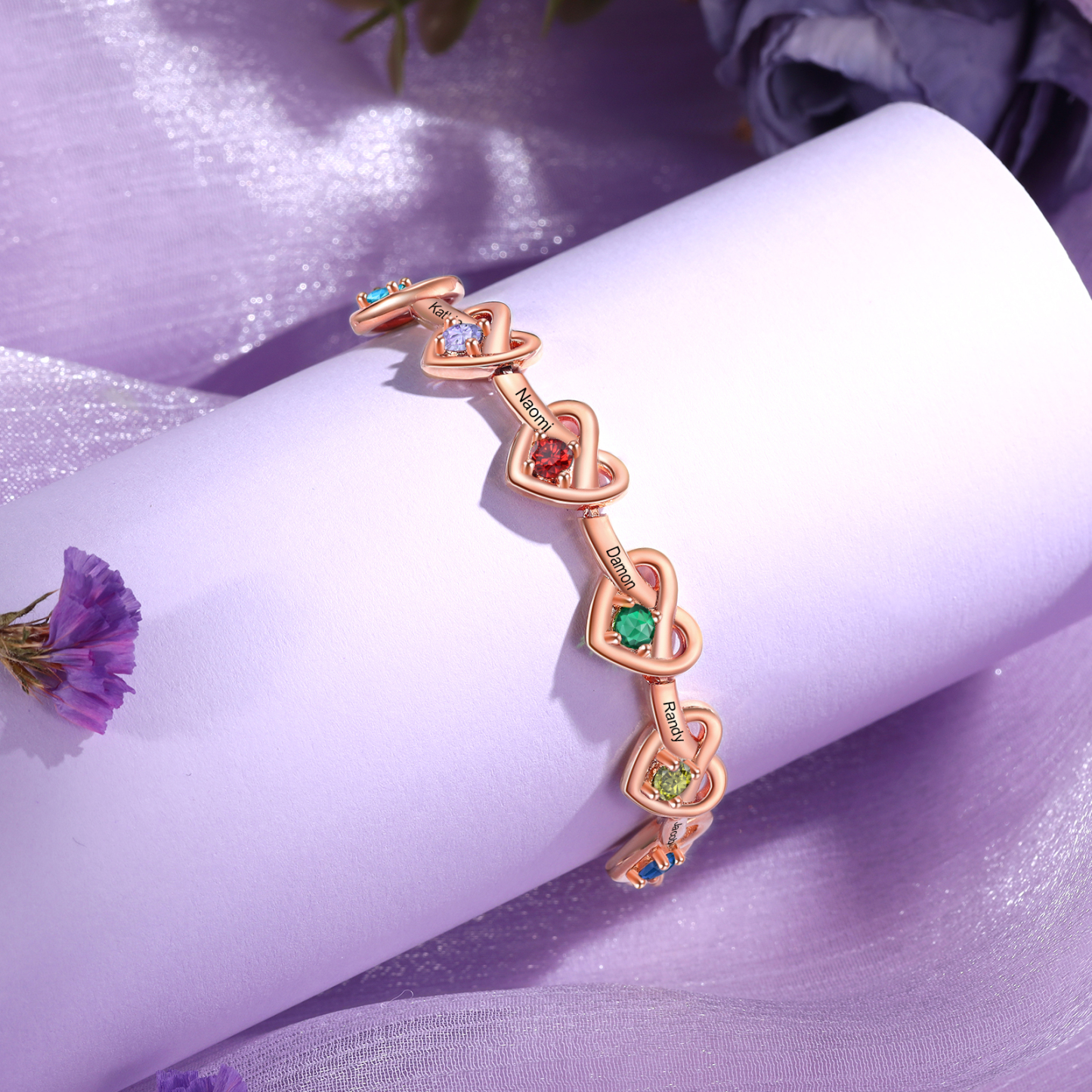 [Copy]Personalised Women’s Birthstone Bracelet – Customised with 6 Names, 6 Birthstones & Engraved Text, Heart & Infinity Design – Special Gift for Her | Jessemade