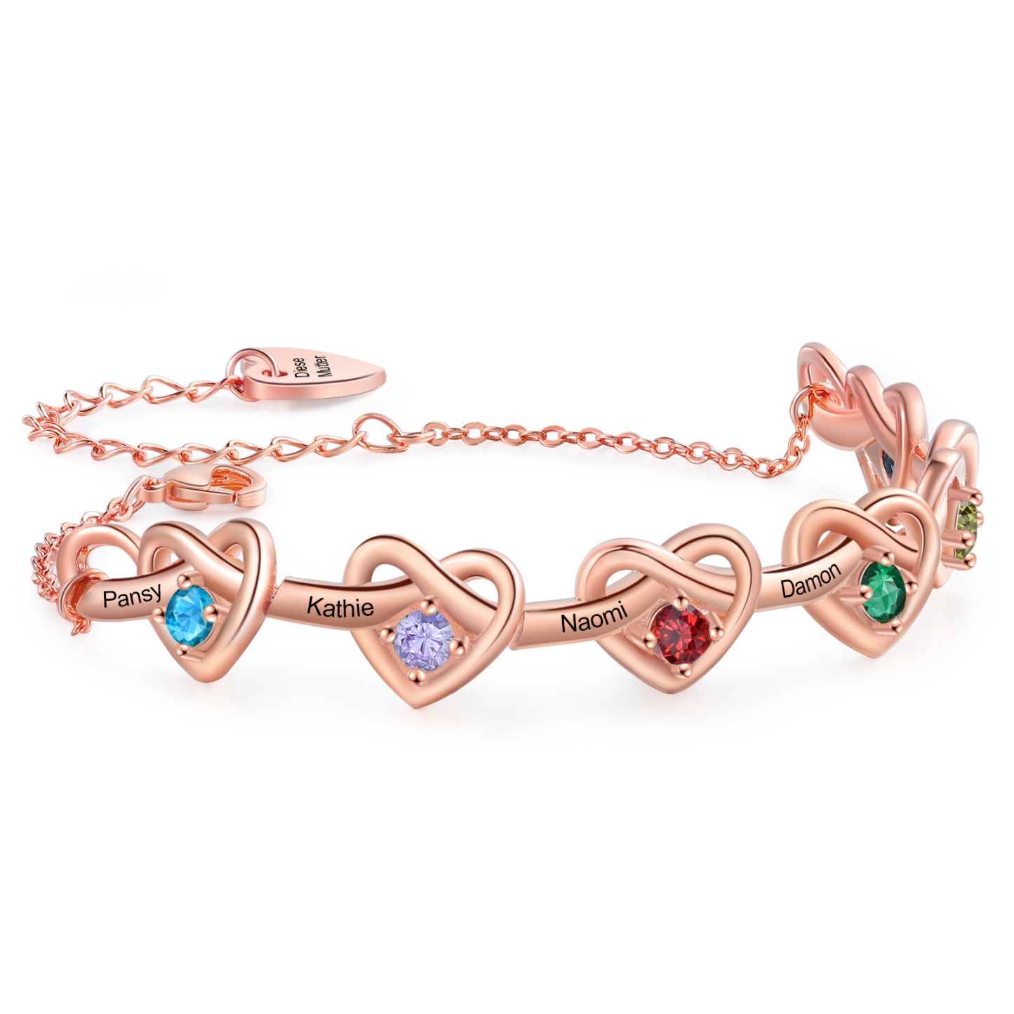 Personalized Women’s Birthstone Bracelet – Customised with 2-6 Names, Birthstones & 1 Engraved Text, Heart & Infinity Design – Valentine’s Day Gift for Her | Jessemade