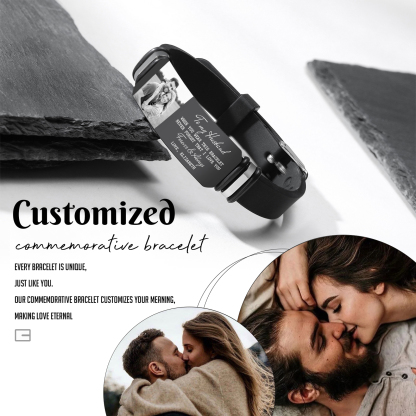 Personalised Men's Bracelet - Custom Photo and Engraved Text, Love You Forever Design, Sleek Black Adjustable Band, Valentine’s Day Gift for Him | Jessemade
