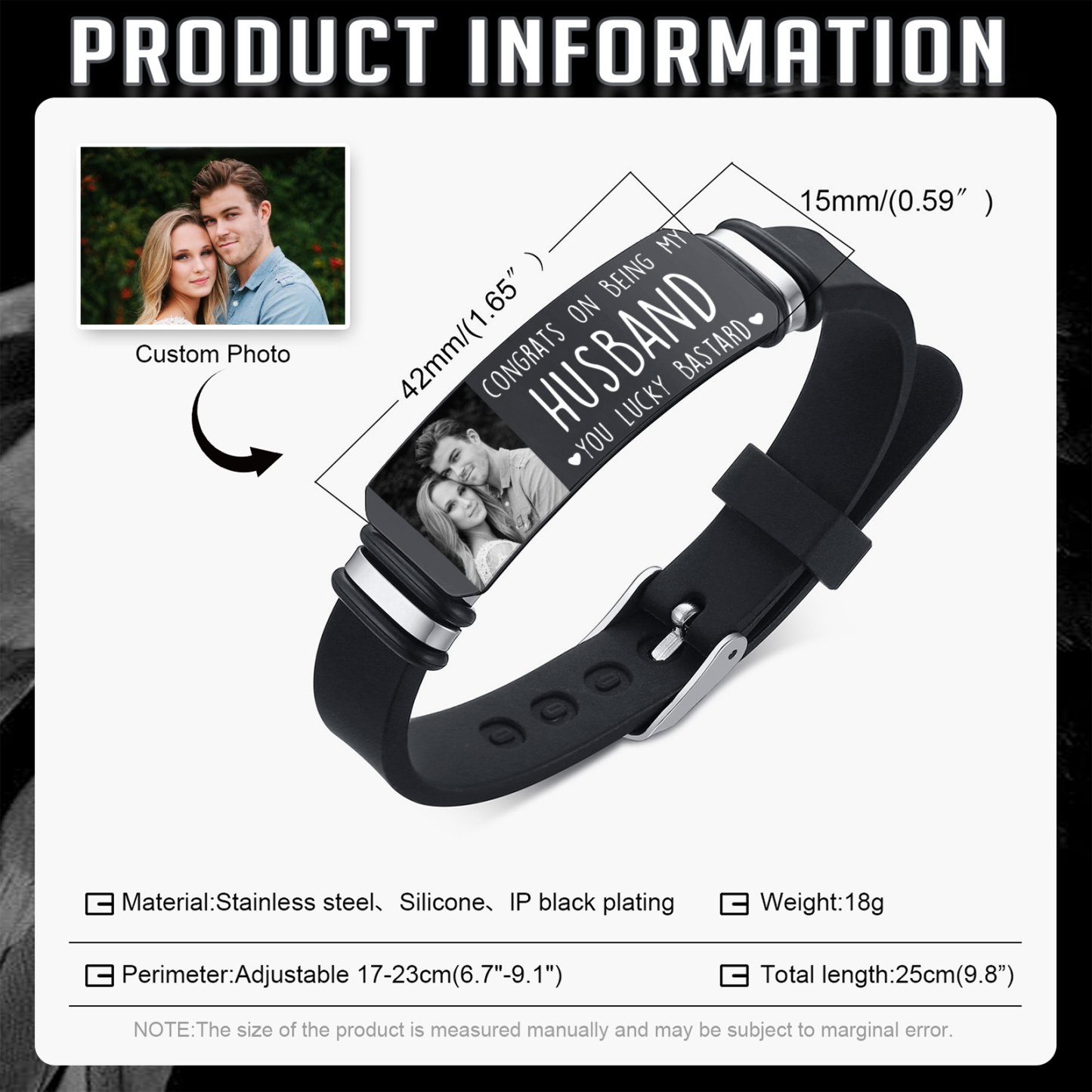 Personalised Men's Bracelet - Custom Photo and Engraved Text, "Congrats on Being My Husband" Design, Sleek Black Adjustable Band, Valentine’s Day Gift for Him | Jessemade