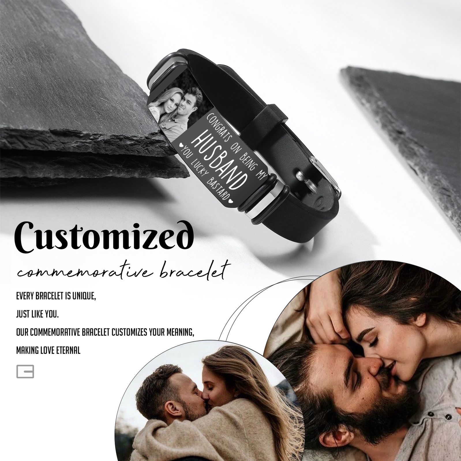 Personalised Men's Bracelet - Custom Photo and Engraved Text, "Congrats on Being My Husband" Design, Sleek Black Adjustable Band, Valentine’s Day Gift for Him | Jessemade