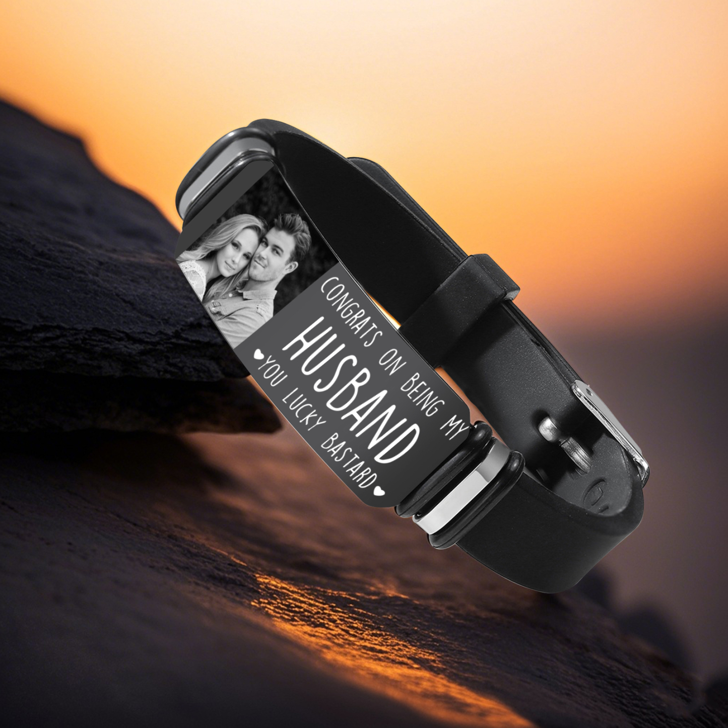Personalised Men's Bracelet - Custom Photo and Engraved Text, "Congrats on Being My Husband" Design, Sleek Black Adjustable Band, Valentine’s Day Gift for Him | Jessemade