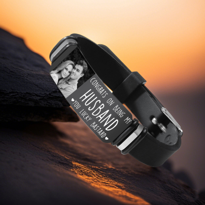 Personalised Men's Bracelet - Custom Photo and Engraved Text, "Congrats on Being My Husband" Design, Sleek Black Adjustable Band, Valentine’s Day Gift for Him | Jessemade