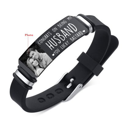 Personalised Men's Bracelet - Custom Photo and Engraved Text, "Congrats on Being My Husband" Design, Sleek Black Adjustable Band, Valentine’s Day Gift for Him | Jessemade