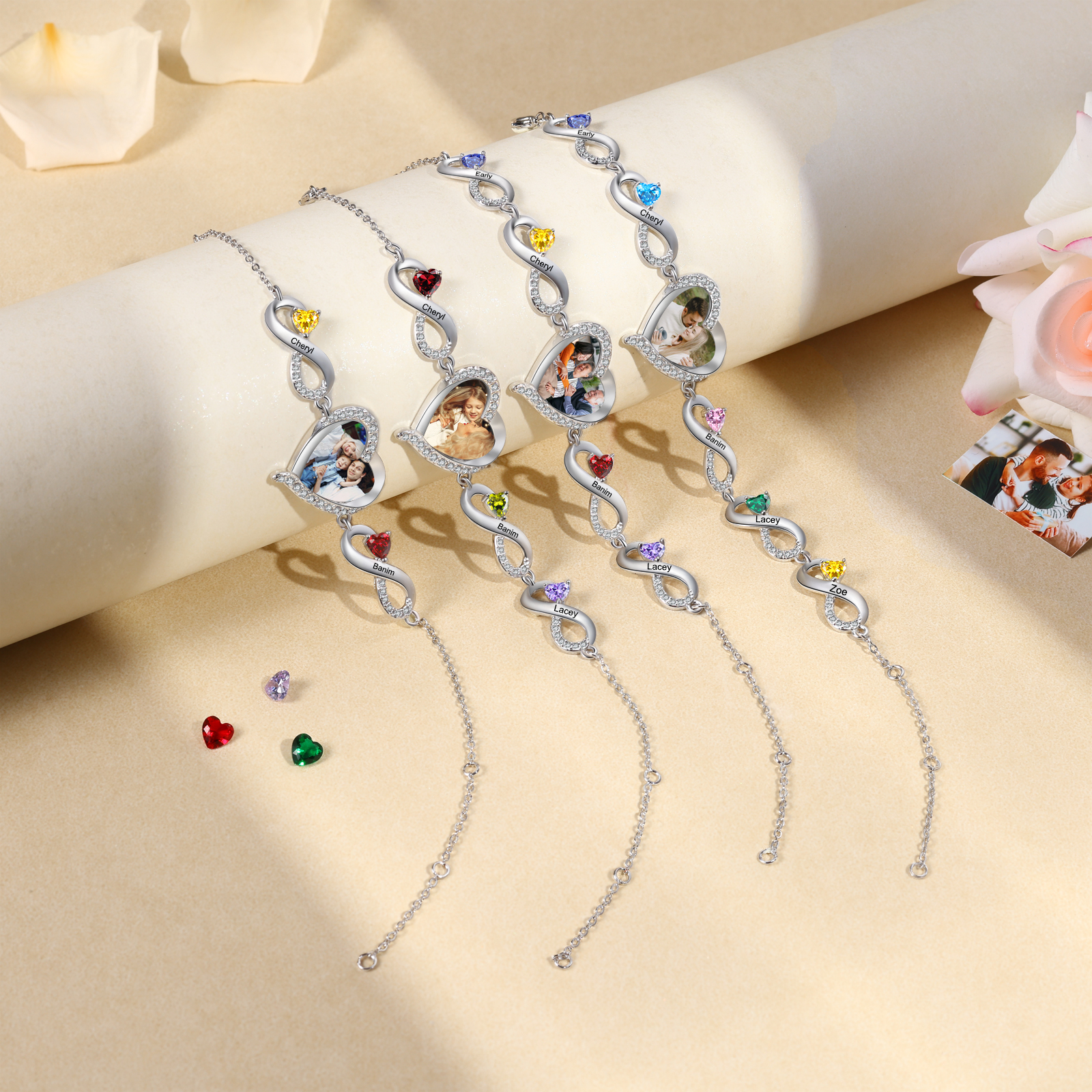 2 Birthstones & Names & Photo - Personalized Birthstone Beautiful Bracelet Gift for Mom