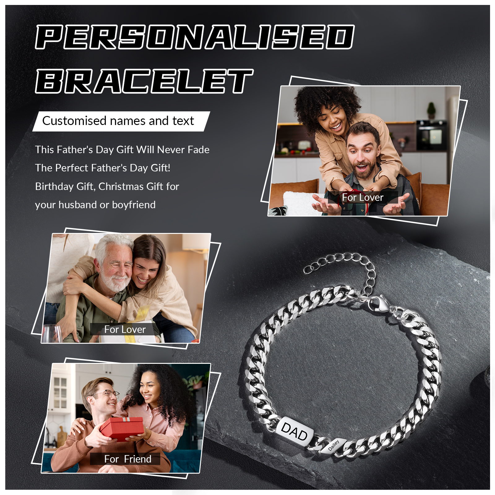 1 name - Personalized Father’s Day Cuban Bracelet - Stainless Steel Gift with Names/Text