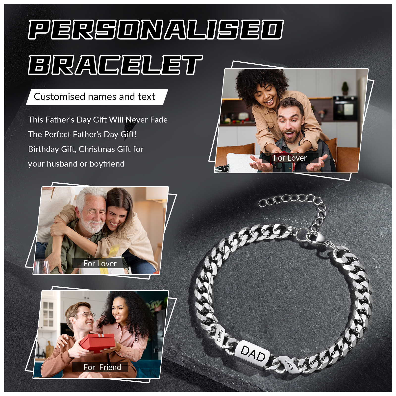 2 names - Personalized Father’s Day Cuban Bracelet - Stainless Steel Gift with Names/Text