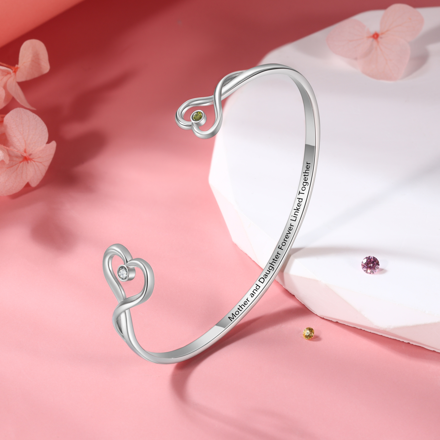 Simulated Birthstone Chart Bracelet – Personalized Birthstone & Text – Custom Gift for Mom, Daughter & Family