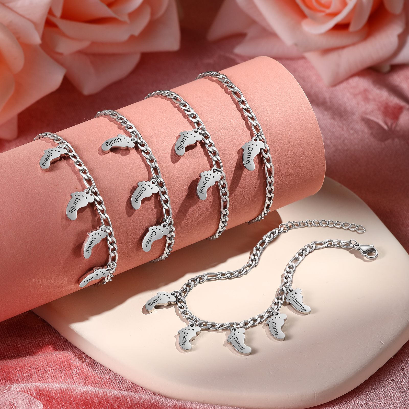 3 names - Personalized Women’s Bracelet - Can Customize Name – Baby Foot Charm Mother’s Day Gift Jewelry