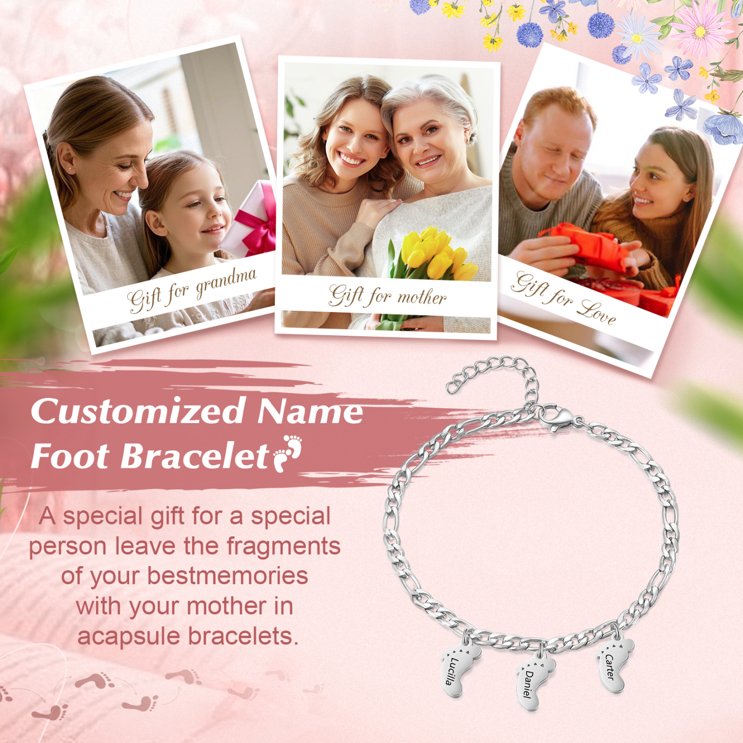 3 names - Personalized Women’s Bracelet - Can Customize Name – Baby Foot Charm Mother’s Day Gift Jewelry