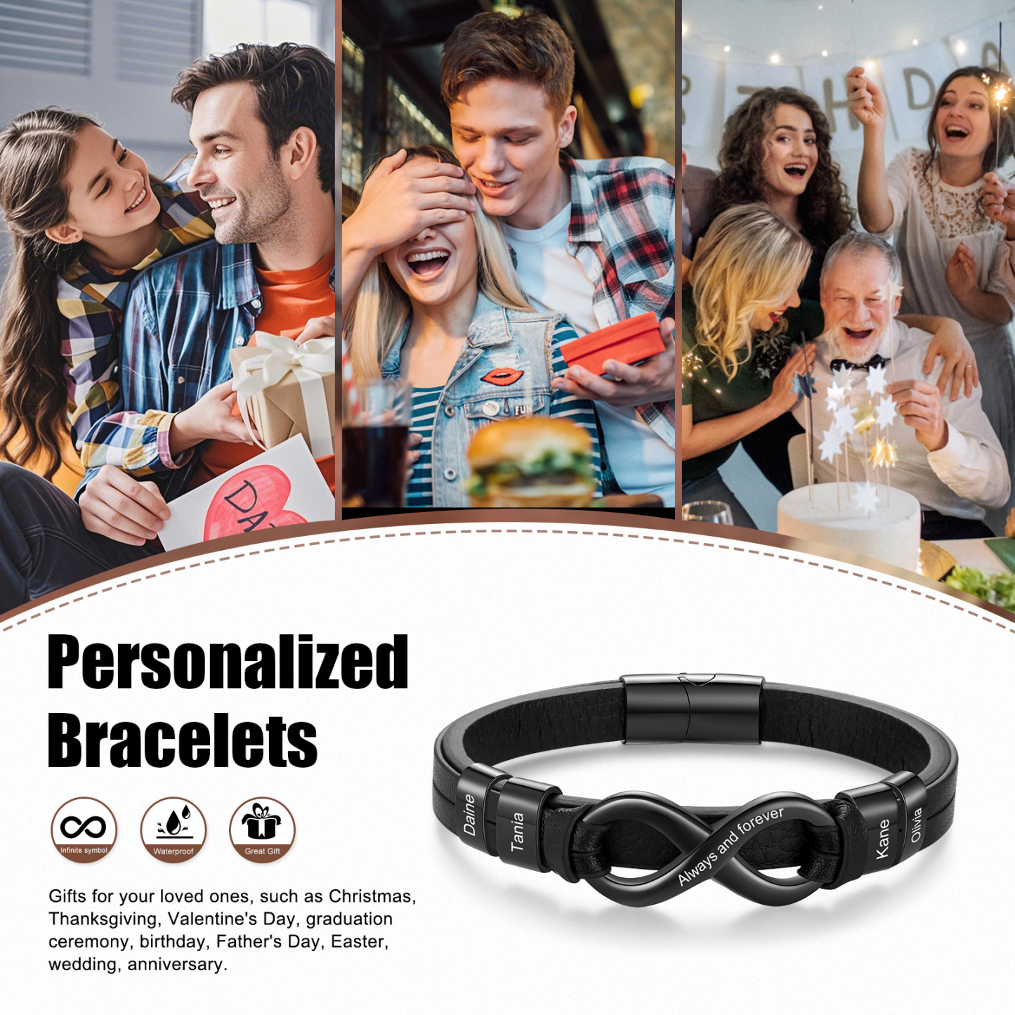 4 names - Custom Infinity Father’s Day Bracelet  - Personalized Name & Text Engraved Gift