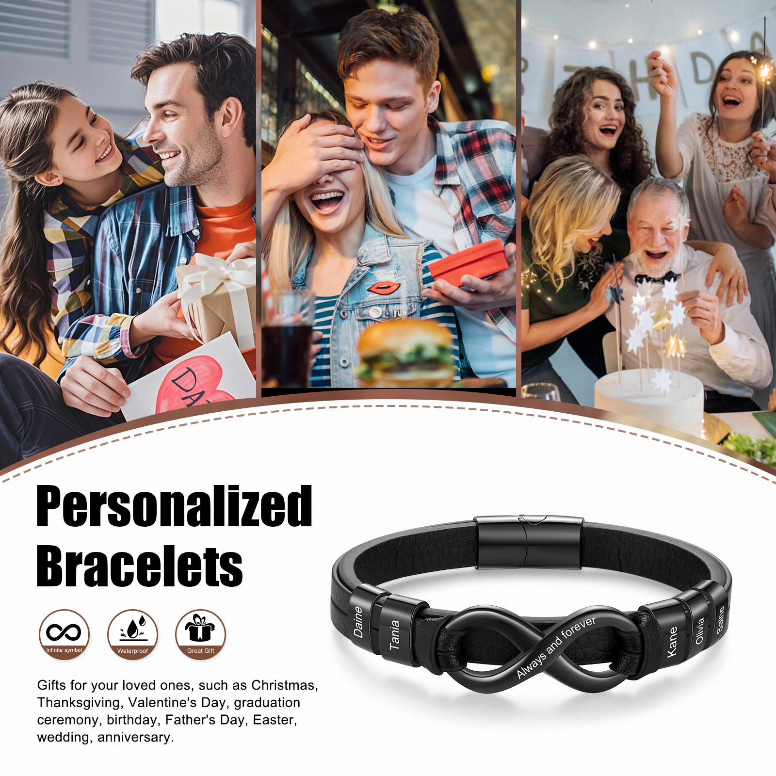 5 names - Custom Infinity Father’s Day Bracelet  - Personalized Name & Text Engraved Gift