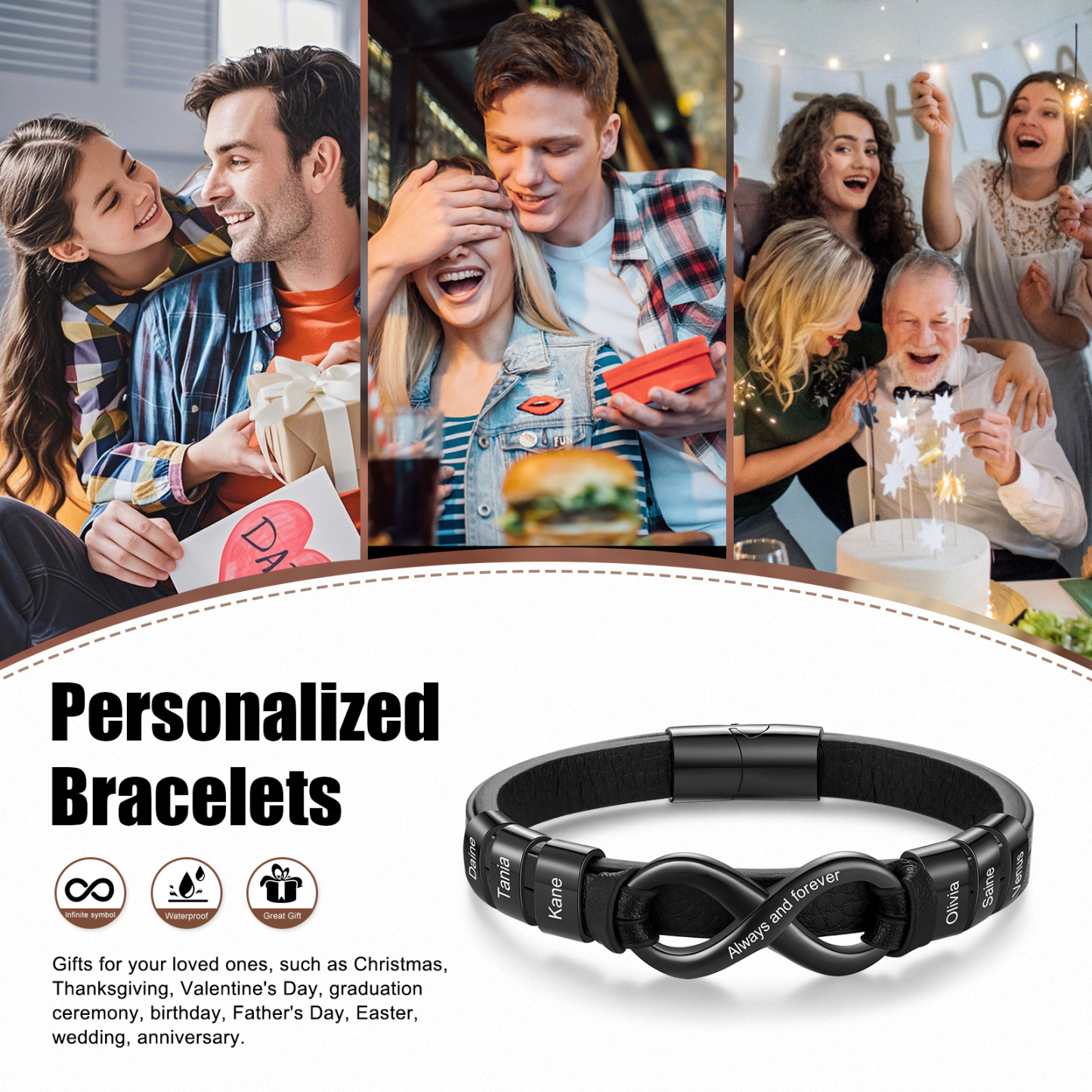 6 names - Custom Infinity Father’s Day Bracelet  - Personalized Name & Text Engraved Gift