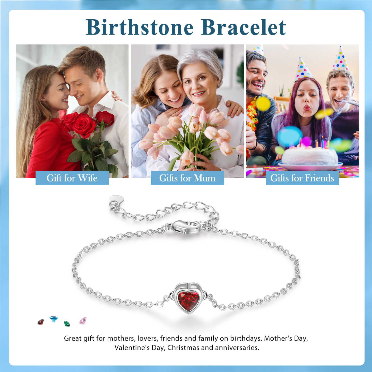 1 Birthstones - Personalized Birthstone Bracelet Gift for Mom - Mother's Day