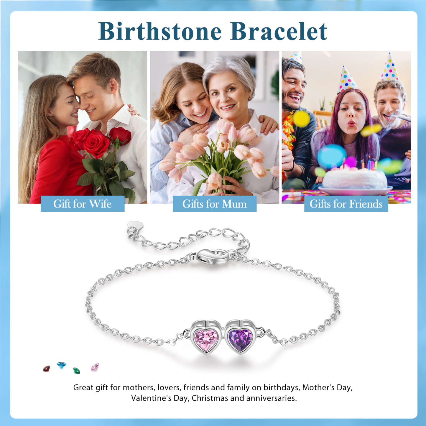 2 Birthstones - Personalized Birthstone Bracelet Gift for Mom - Mother's Day