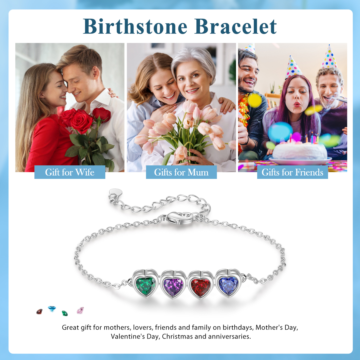 4 Birthstones - Personalized Birthstone Bracelet Gift for Mom - Mother's Day