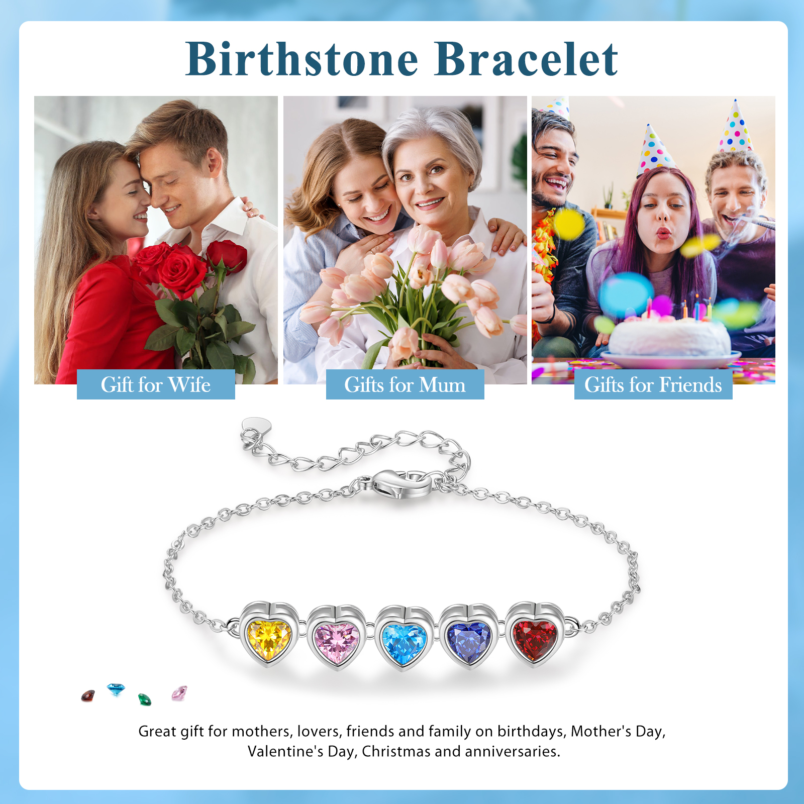 5 Birthstones - Personalized Birthstone Bracelet Gift for Mom - Mother's Day