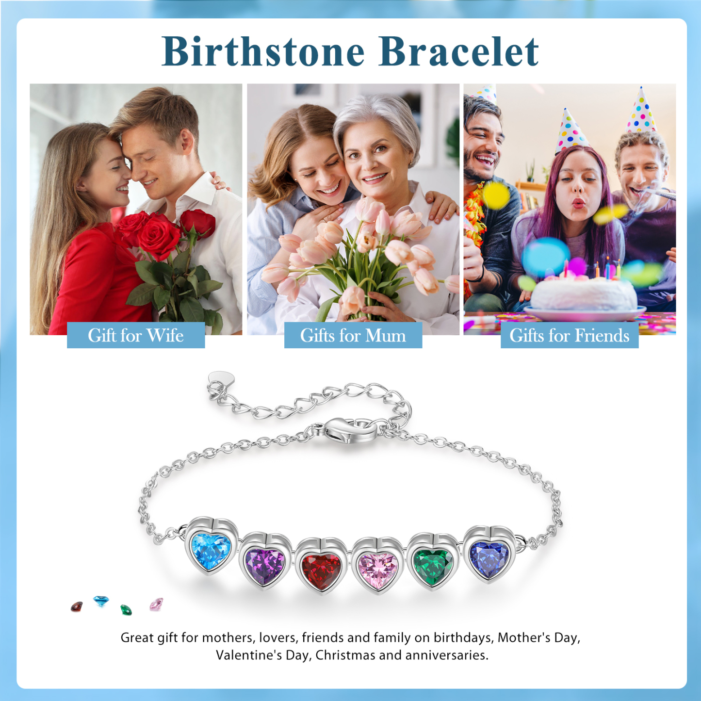 6 Birthstones - Personalized Birthstone Bracelet Gift for Mom - Mother's Day