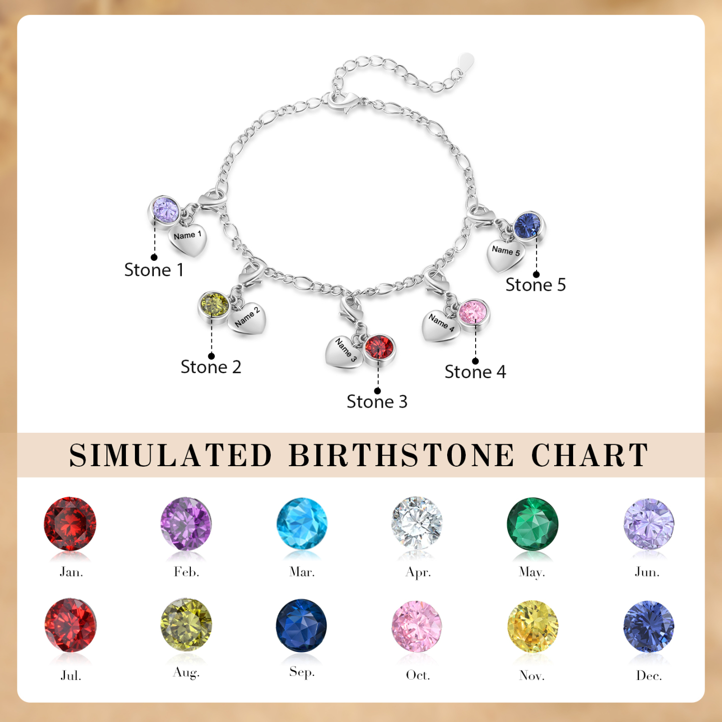 5 Birthstones & Names - Personalized Birthstone Beautiful Bracelet Gift for Her | Jessemade