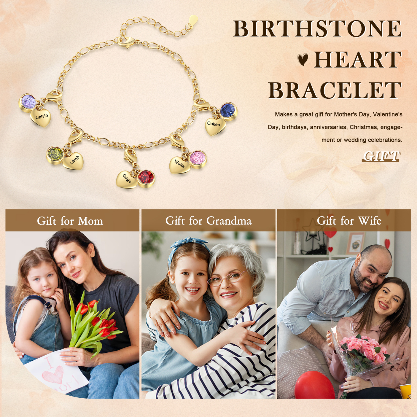 5 Birthstones & Names - Personalized Birthstone Beautiful Bracelet Gift for Her | Jessemade