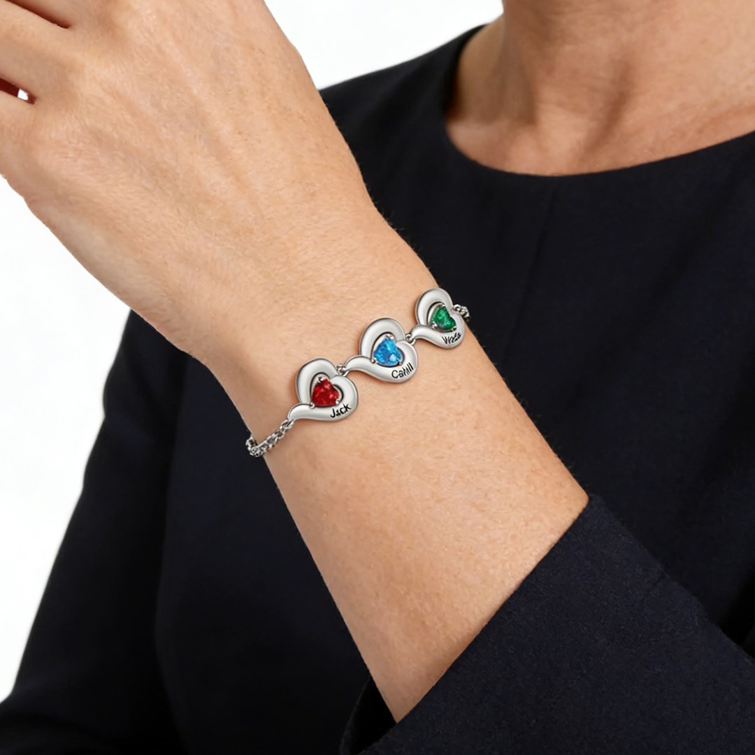 Personalized 1-5 Names Adjustable Heart Birthstone Bracelet