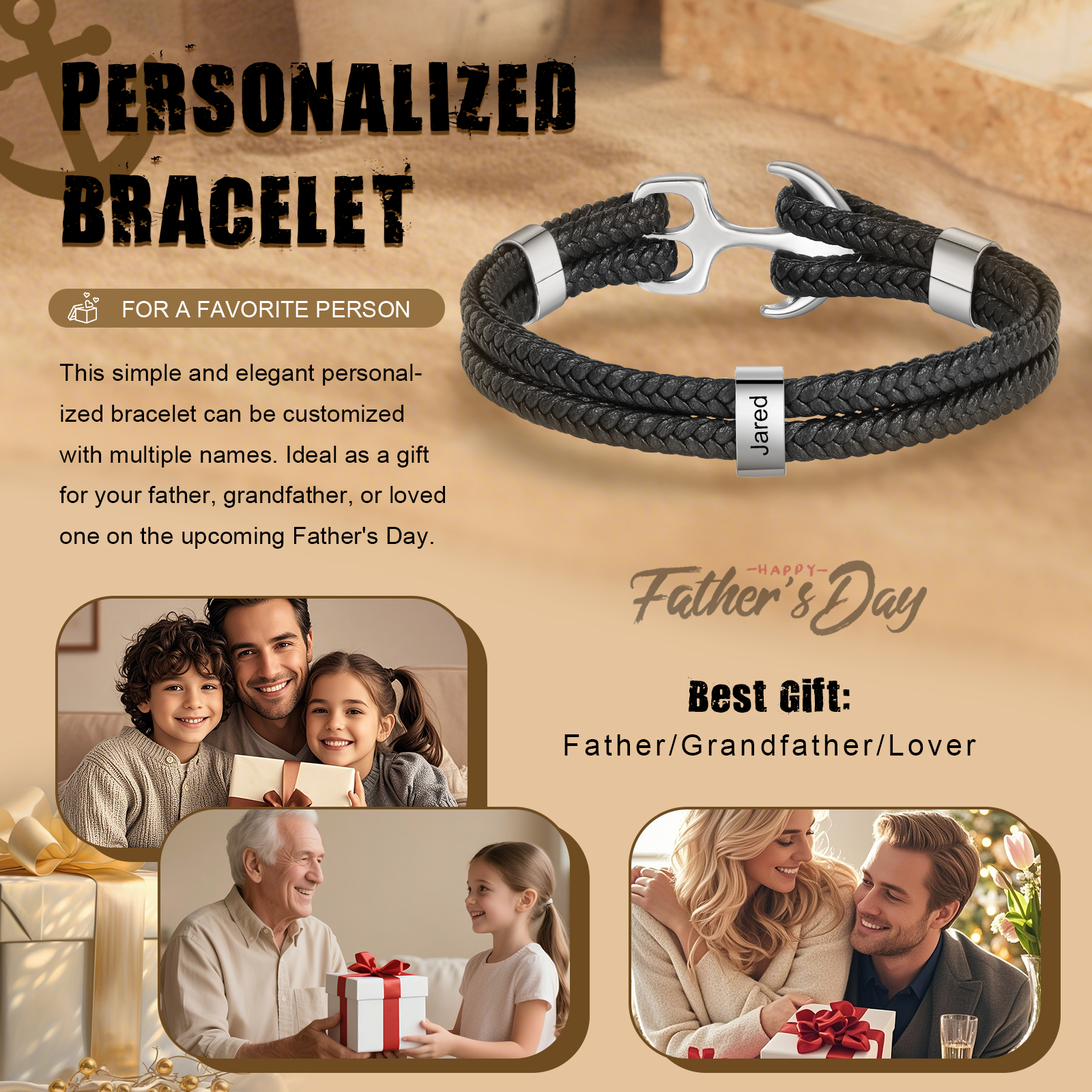 1 name - Custom Anchor Bracelet for Dad – Personalized Name Engraving