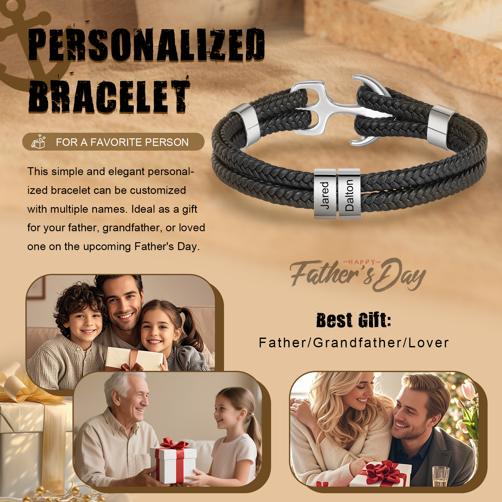 2 names - Custom Anchor Bracelet for Dad – Personalized Name Engraving