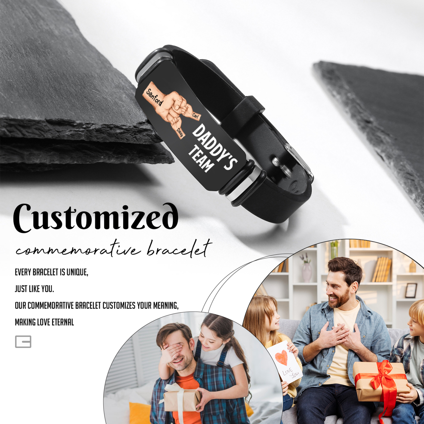 3 names - Father’s Day Personalized Silicone Bracelet for Dad with Kids’ Names – Daddy’s Team Gift