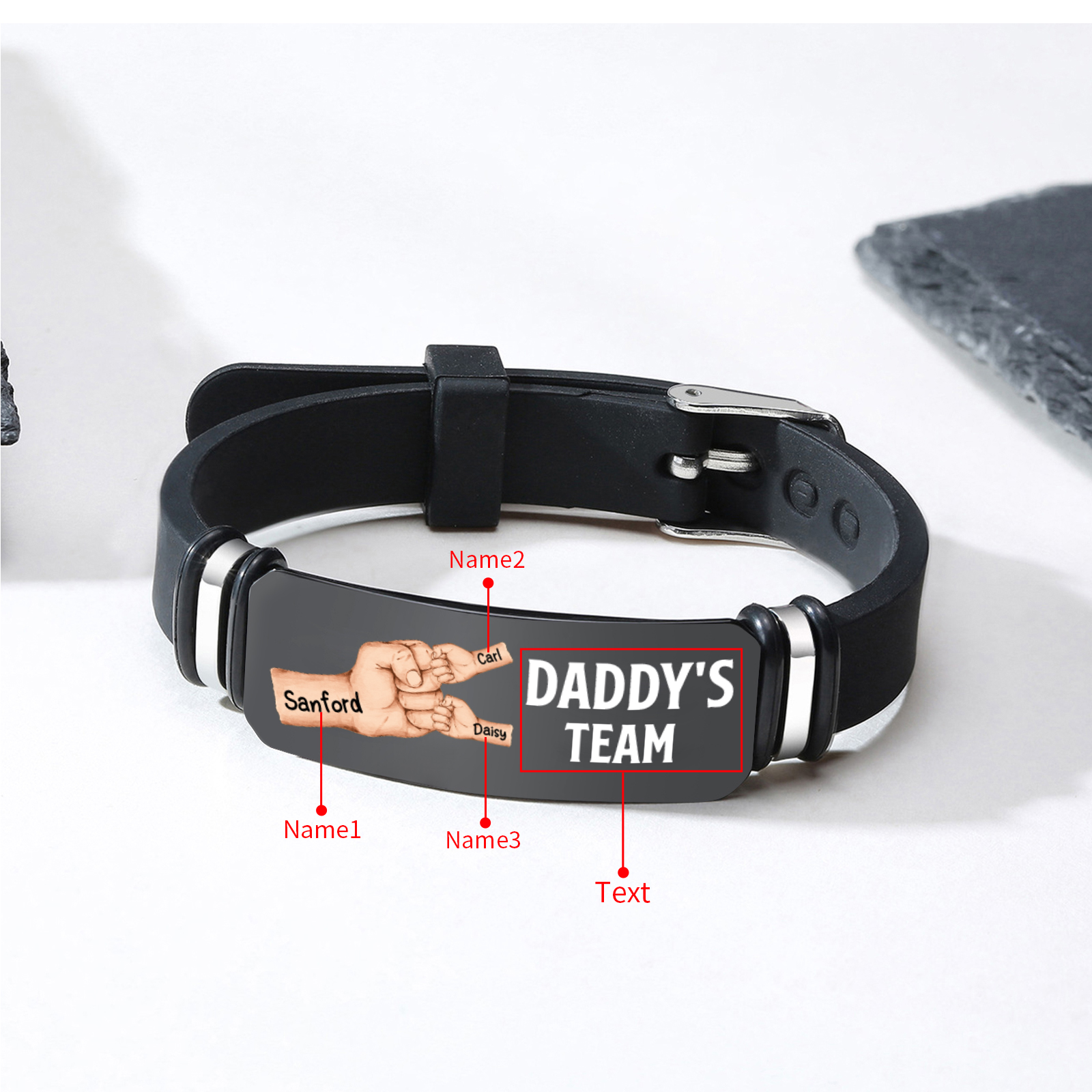 3 names - Father’s Day Personalized Silicone Bracelet for Dad with Kids’ Names – Daddy’s Team Gift