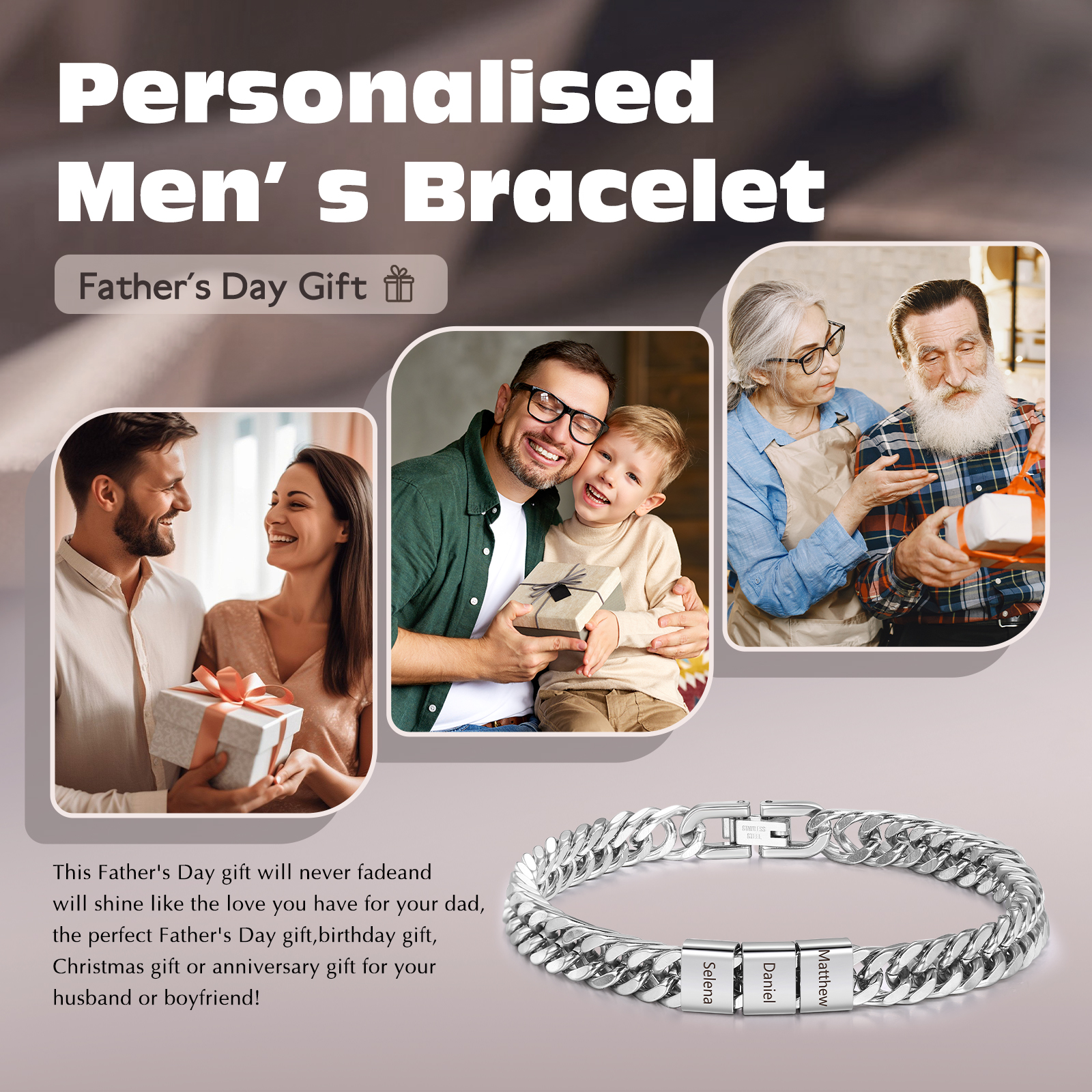 3 names - Father’s Day Custom Name Stainless Steel Bracelet – Personalized Men’s Chain