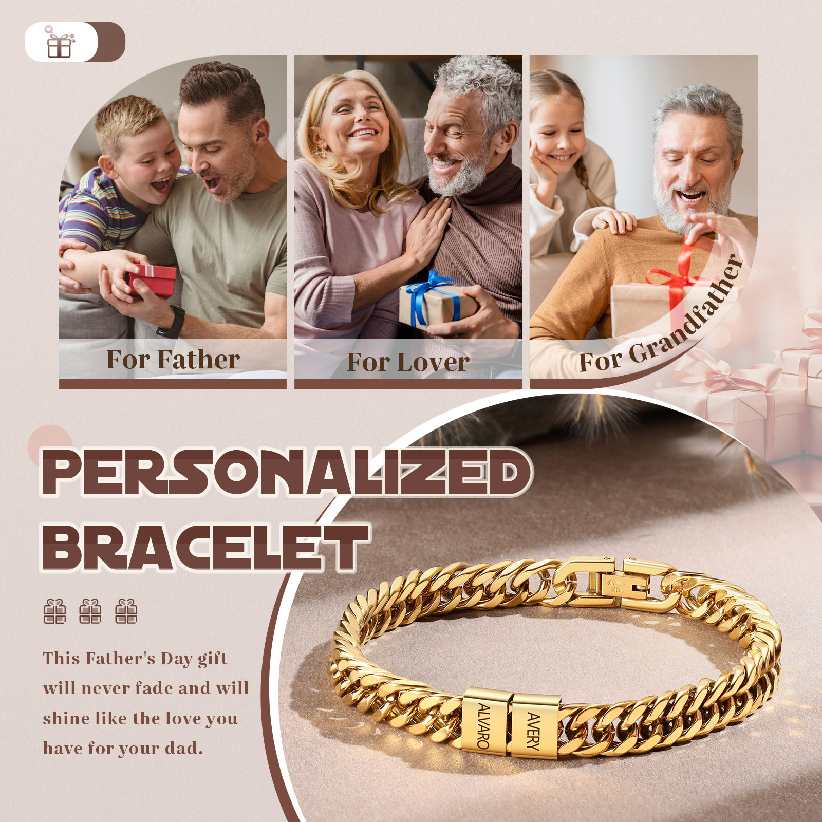 Personalized  Bracelet for Men with Custom Engraving 2-6 Names - Gift for Grandpa | Jessemade