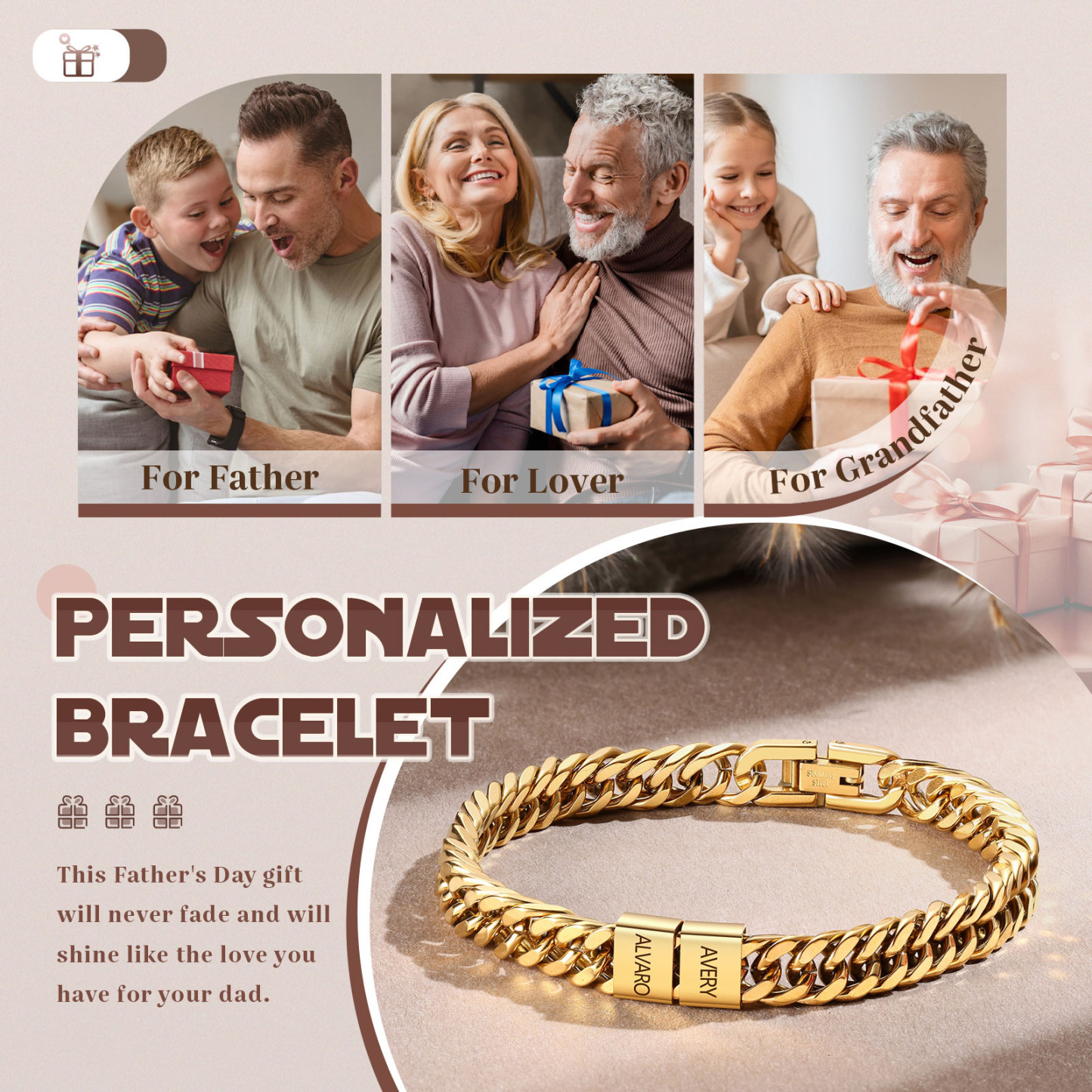 Personalized  Bracelet for Men with Custom Engraving 2-6 Names - Gift for Grandpa | Jessemade