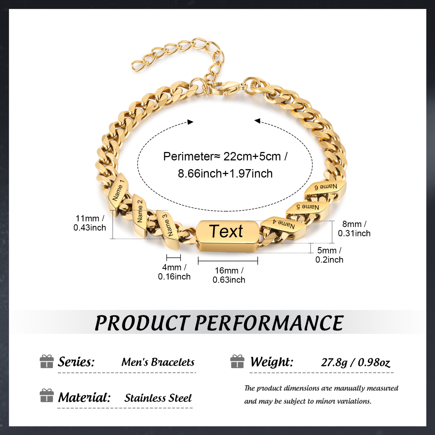 Men's Personalized Gold/Black Cuban Link Dad Bracelet