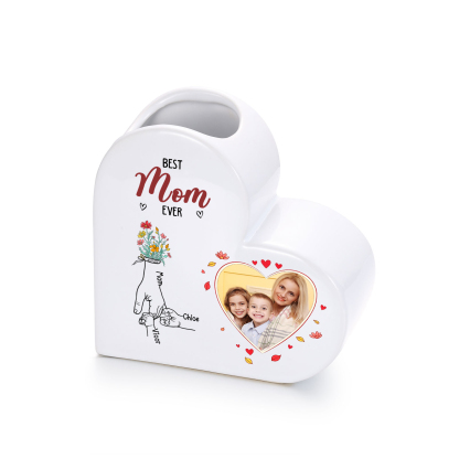 Personalized Heart Shaped Ceramic Vase Custom With 1-6 Names And Photo Gift For Mom Or Grandma