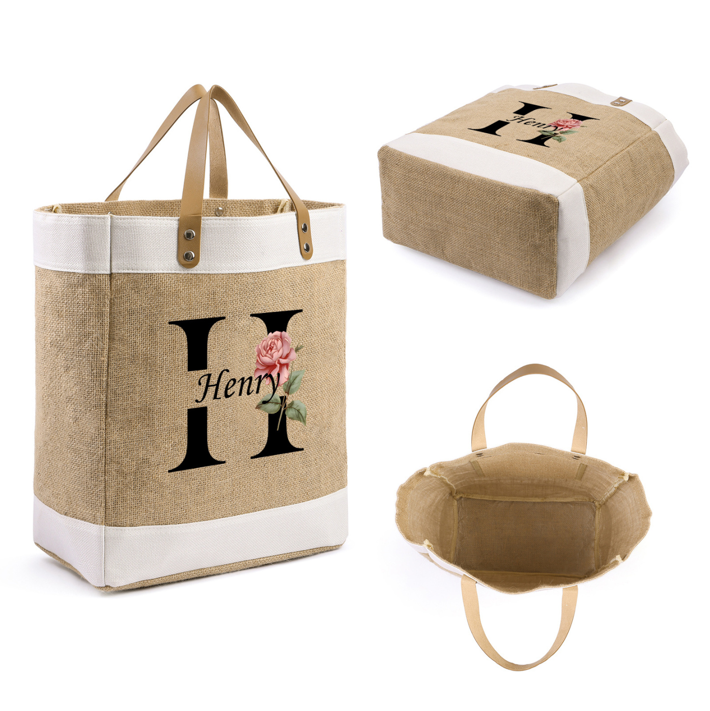Personalized Jute Tote Bag, Birth Flower Monogram