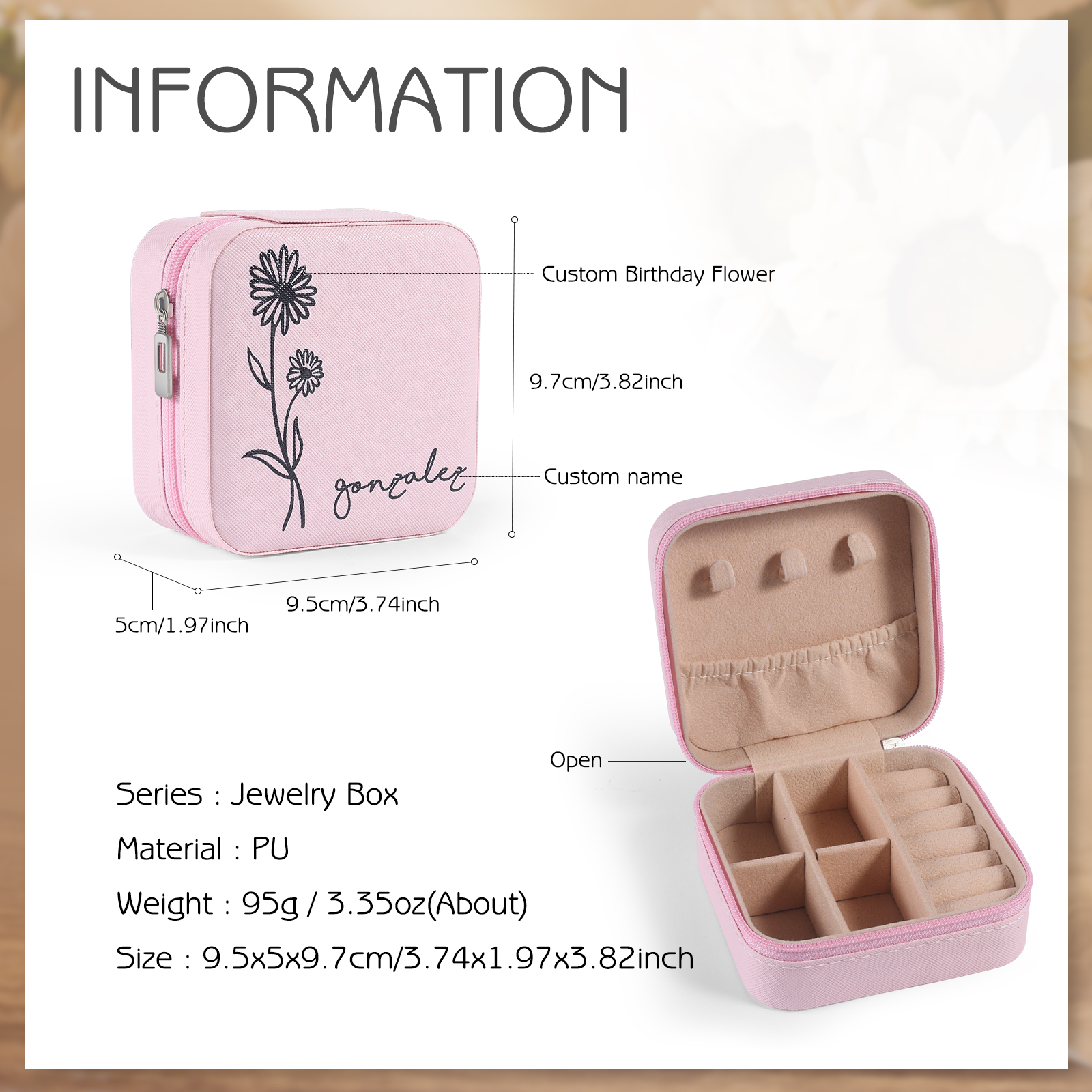 Square Jewelry Storage Box-Personalised 1 Name Customized Birthflower Storage Box In Various Colors