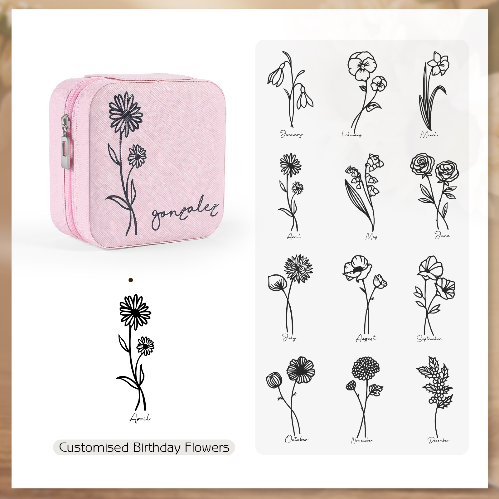 Square Jewelry Storage Box-Personalised 1 Name Customized Birthflower Storage Box In Various Colors