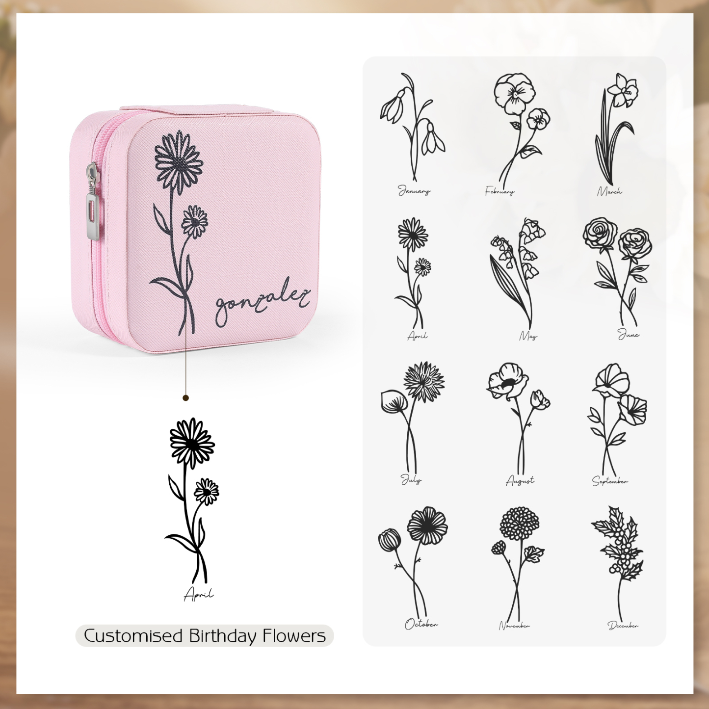 Square Jewelry Storage Box-Personalised 1 Name Customized Birthflower Storage Box In Various Colors