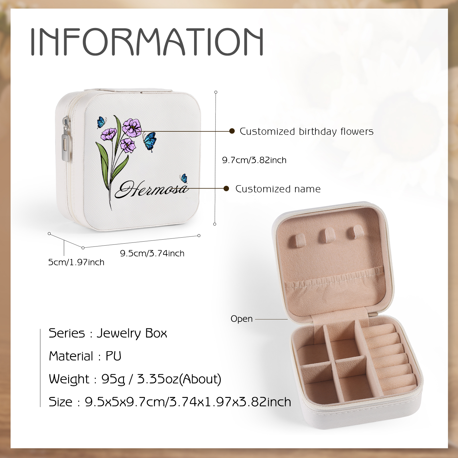 Square Jewelry Storage Photo Box-Personalised 1 Name Customized Birthflower Storage Box In Various Colors