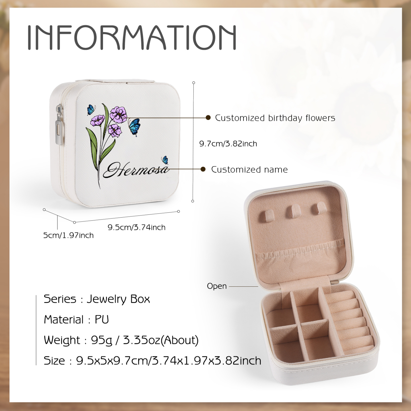 Square Jewelry Storage Photo Box-Personalised 1 Name Customized Birthflower Storage Box In Various Colors