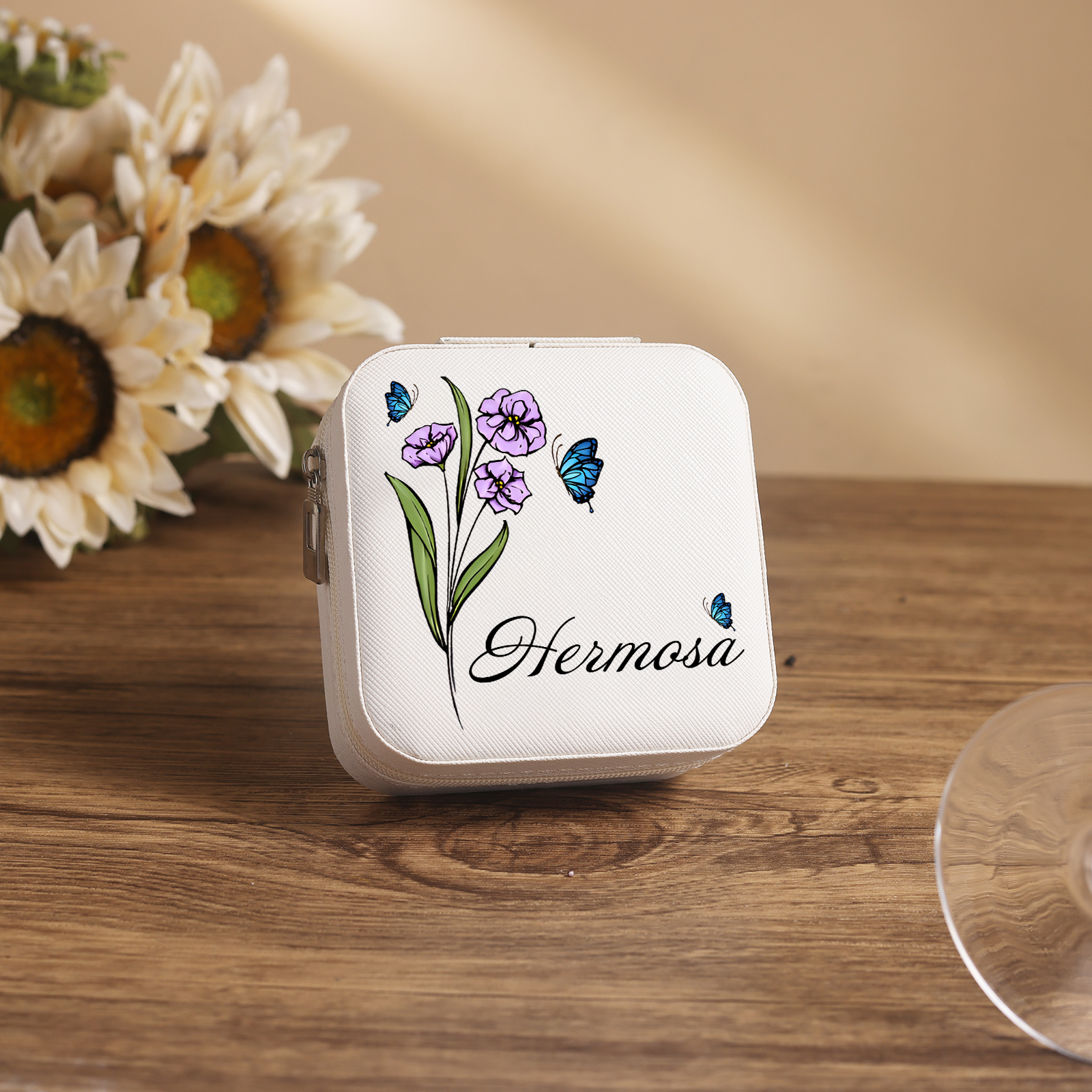Square Jewelry Storage Photo Box-Personalised 1 Name Customized Birthflower Storage Box In Various Colors