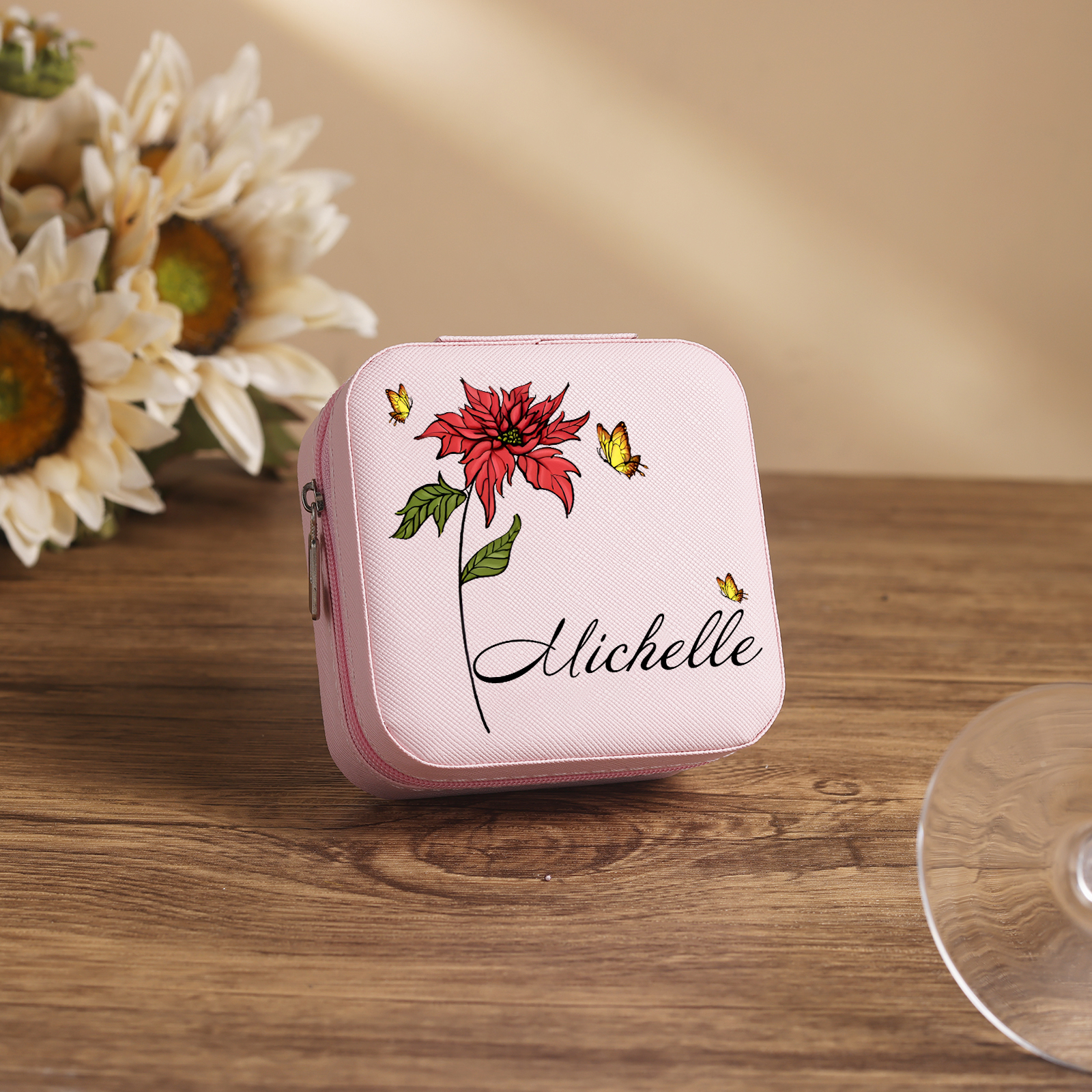 Square Jewelry Storage Photo Box-Personalised 1 Name Customized Birthflower Storage Box In Various Colors