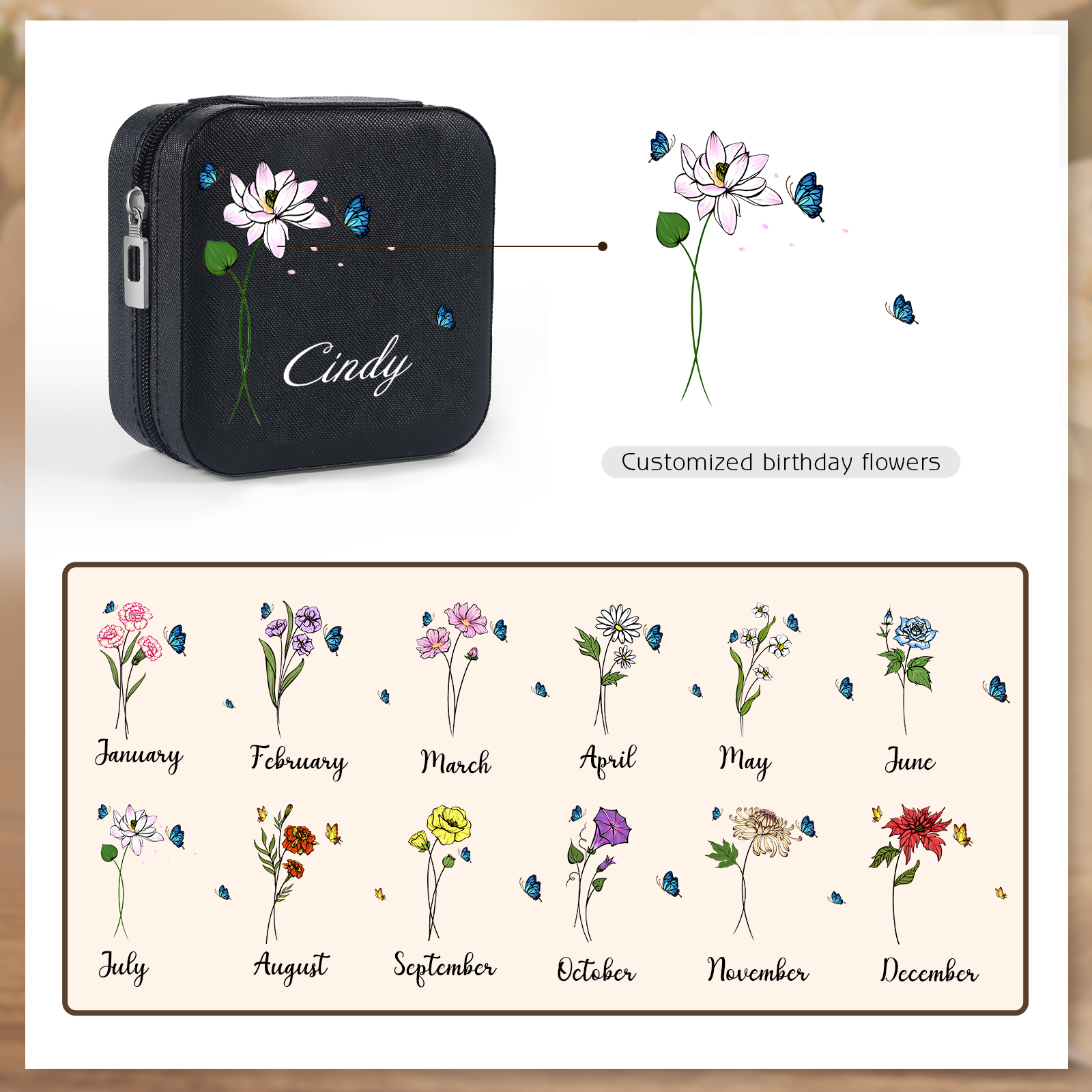 Square Jewelry Storage Photo Box-Personalised 1 Name Customized Birthflower Storage Box In Various Colors