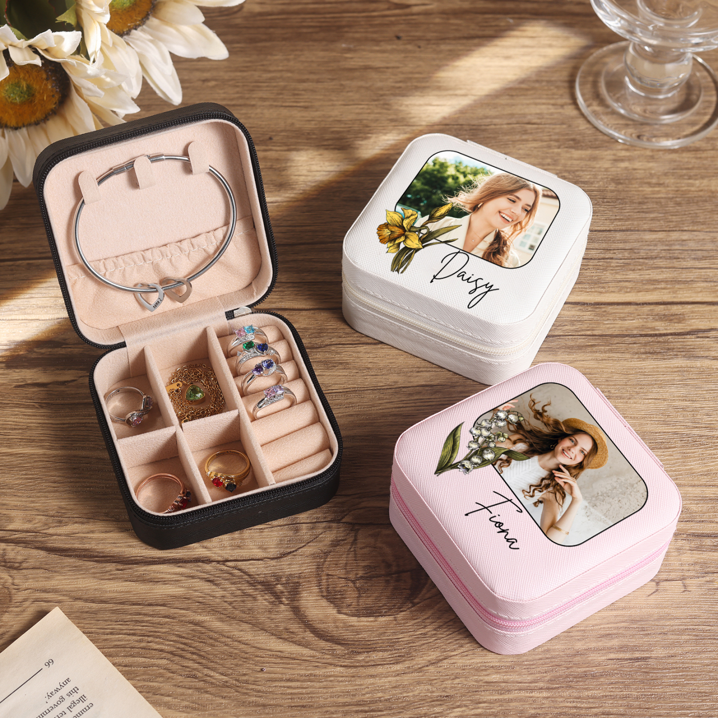 Square Jewelry Storage Photo Box-Personalised 1 Name Customized Birthflower Storage Box In Various Colors