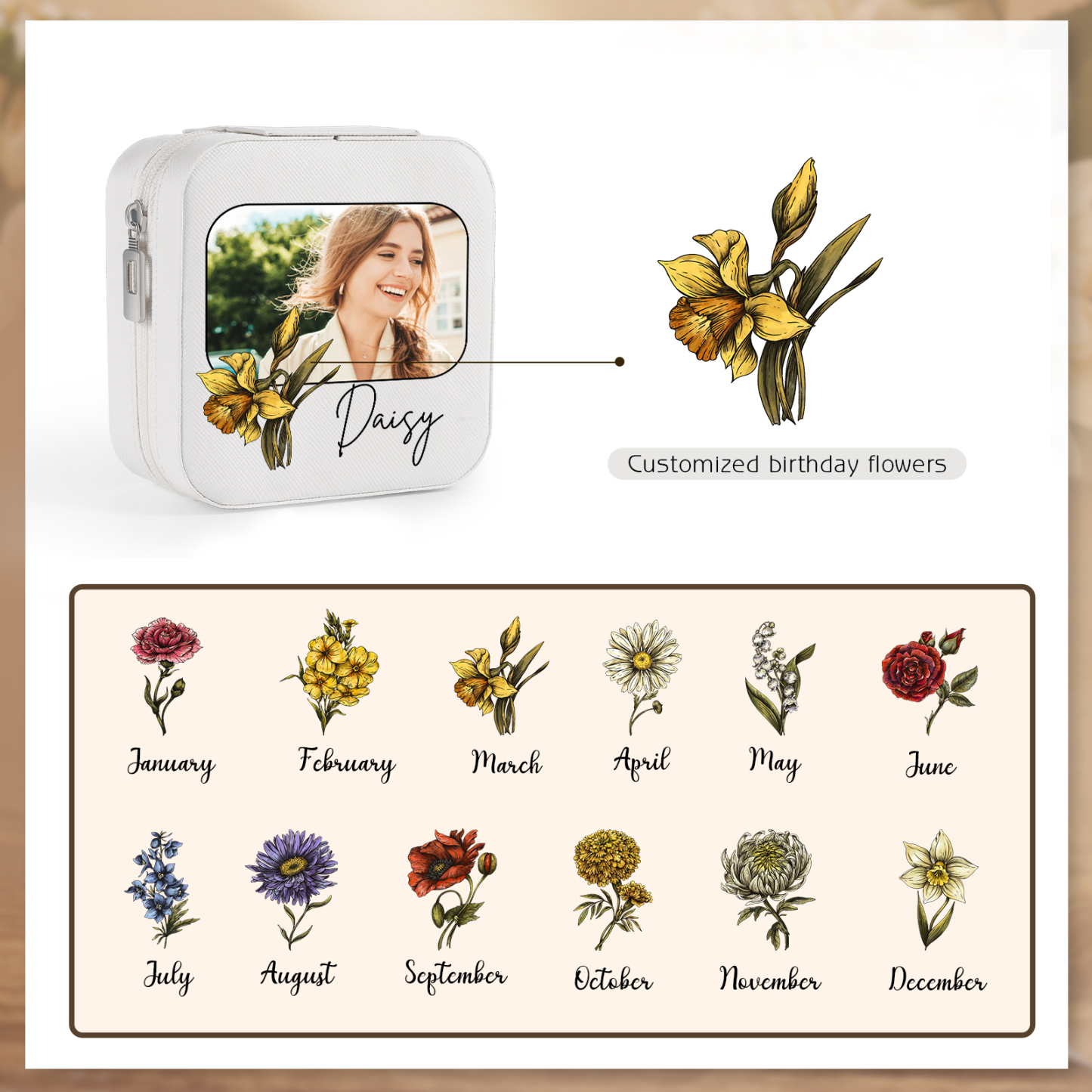 Square Jewelry Storage Photo Box-Personalised 1 Name Customized Birthflower Storage Box In Various Colors