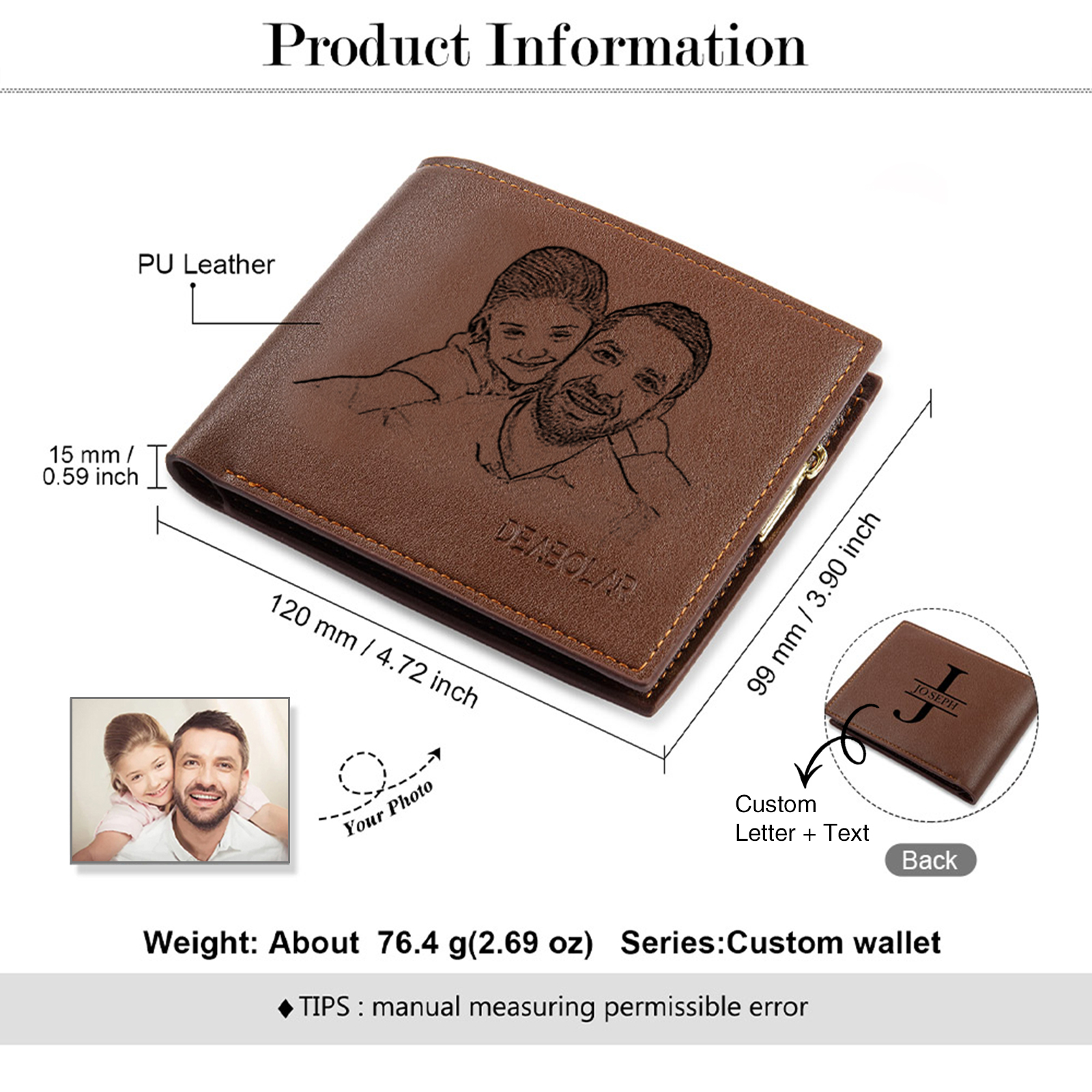 Personalized Leather Wallet Gift Box Set Keychain, Customizable Photo Name Letter Wallet Gift for Dad