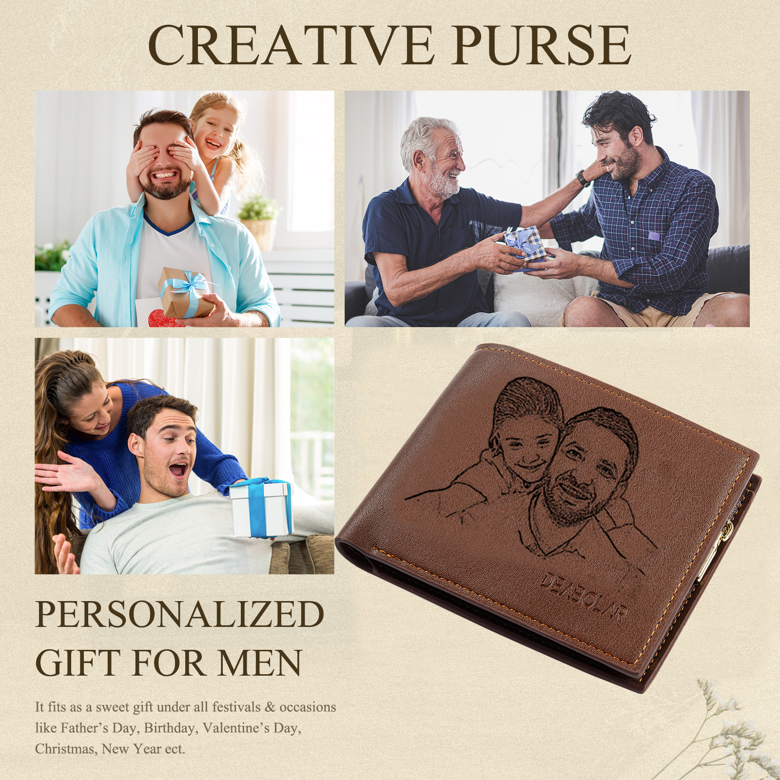 Personalized Leather Wallet Gift Box Set Keychain, Customizable Photo Name Letter Wallet Gift for Dad