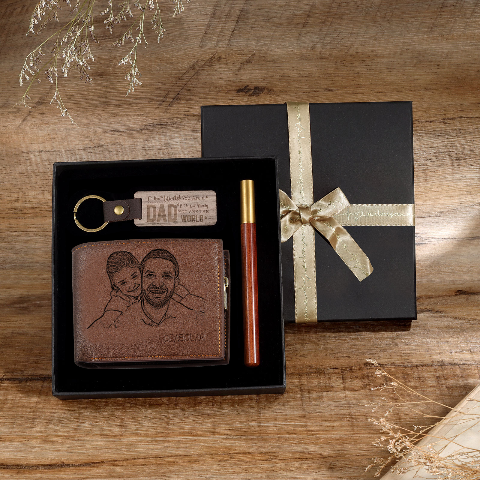 Personalized Leather Wallet Gift Box Set Keychain, Customizable Photo Name Letter Wallet Gift for Dad